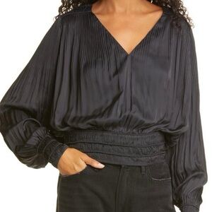 FRAME Blouson Sleeve Pleated Satin Top Noir Black Party Blouse XXS